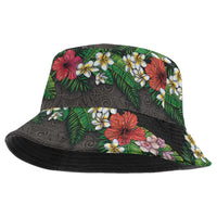 Hawaiian Tropical Flowers and Tribal Polynesian Tattoo Bucket Hat Black Color LT03