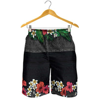 Hawaiian Tropical Flowers and Tribal Polynesian Tattoo Shorts for Men Black Color LT03 - Polynesian Pride