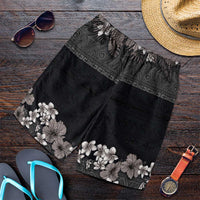 Hawaiian Tropical Flowers and Tribal Polynesian Tattoo Shorts for Men Grayscale Mode LT03 Black - Polynesian Pride