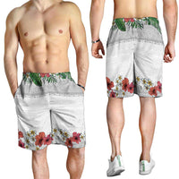 Hawaiian Tropical Flowers and Tribal Polynesian Tattoo Shorts for Men White Color LT03 - Polynesian Pride