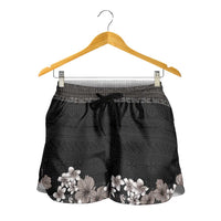 Hawaiian Tropical Flowers and Tribal Polynesian Tattoo Shorts for Women Grayscale Mode LT03 - Polynesian Pride