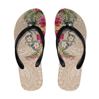 Hawaiian Tropical Flowers and Tribal Turtles Flip Flops Polynesian Art Motifs Beige Color - Polynesian Pride