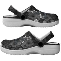 Hawaiian Tropical Plants and Tribal Whales Clogs Shoes Polynesian Art Tattoo Grayscale LT03