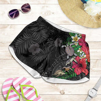 Hawaiian Tropical Plants and Turtles Shorts for Women Polynesian Art Motifs LT03 Black - Polynesian Pride