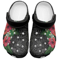 Hawaiian Tropical Plants Clogs Shoes Kakau Tattoo and Polynesian Pattern Half Black Color LT03