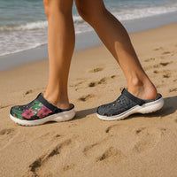 Hawaiian Tropical Plants Clogs Shoes Kakau Tattoo and Polynesian Pattern Half Black Color LT03