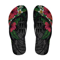 Hawaiian Tropical Plants Flip Flops Kakau Tattoo and Polynesian Pattern Half Black Color LT03 Black - Polynesian Pride