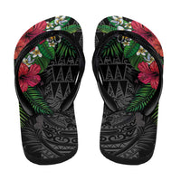 Hawaiian Tropical Plants Flip Flops Kakau Tattoo and Polynesian Pattern Half Black Color LT03 - Polynesian Pride