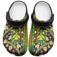 Hawaiian Tropical Plants Lei Clogs Shoes with Palaka Pattern and Kanaka Maoli Tribal Motifs - Polynesian Pride