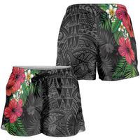 Hawaiian Tropical Plants Shorts for Women Kakau Tattoo and Polynesian Pattern Half Black Color LT03 - Polynesian Pride