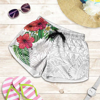 Hawaiian Tropical Plants Shorts for Women Kakau Tattoo and Polynesian Pattern Half Black White LT03 White - Polynesian Pride