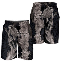 Hawaiian Tropical Plants Turtle and Shark Shorts for Men Polynesian Art Tattoo Grayscale Color LT03 - Polynesian Pride