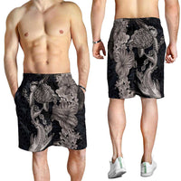 Hawaiian Tropical Plants Turtle and Shark Shorts for Men Polynesian Art Tattoo Grayscale Color LT03 - Polynesian Pride