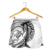 Hawaiian Turtle and Shark Shorts for Women Kakau Tribal with Polynesian Pattern White Color LT03 - Polynesian Pride