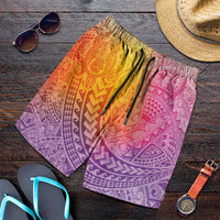 Hawaiian Turtles and Leis Shorts for Men Tribal Kakau Pattern Magical Rainbow Sky