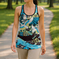 Japanese Hawaiian Crane Hollow Tank Top Blue Tapa Patchwork Pattern LT9 - Polynesian Pride