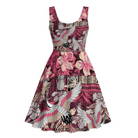 Japanese Hawaiian Crane Midi Dress Soft Pink Tapa Patchwork Pattern LT9 - Polynesian Pride