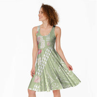 Leaf Green Hawaii Anthurium Plumeria Lei Midi Dress