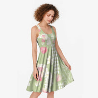 Leaf Green Hawaii Anthurium Plumeria Lei Midi Dress