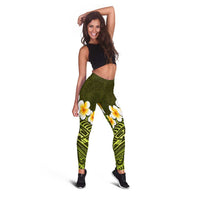 Lime Green Polynesia Leggings Plumeria Tropical Leaves With Galaxy Polynesian Art - Polynesian Pride