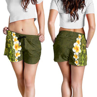 Lime Green Polynesia Shorts for Women Plumeria Tropical Leaves With Galaxy Polynesian Art LT14 - Polynesian Pride