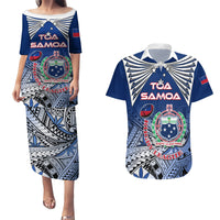 Custom Samoa Rugby Couples Matching Puletasi Dress and Hawaiian Shirt Toa Samoa Myriad Patterns LT01 Blue - Polynesian Pride