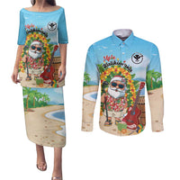 Personalized Hawaii Golf Christmas Couples Matching Puletasi and Long Sleeve Button Shirt Mele Kalikimaka Funny Golfer Santa LT01 Blue - Polynesian Pride