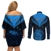 Personalised New Zealand Couples Matching Off Shoulder Short Dress and Long Sleeve Button Shirts Aotearoa Blue Maori Kiwi Blue Fern LT01 - Polynesian Pride