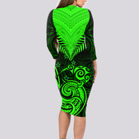 Personalised New Zealand Long Sleeve Bodycon Dress Aotearoa Maori Kiwi Green Fern LT01 - Polynesian Pride
