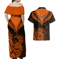 Personalised New Zealand Couples Matching Off Shoulder Maxi Dress and Hawaiian Shirt Aotearoa Maori Kiwi Orange Fern LT01 - Polynesian Pride