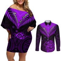 Personalised Aotearoa Couples Matching Off Shoulder Short Dress and Long Sleeve Button Shirts Maori Kiwi Purple Fern LT01 Purple - Polynesian Pride