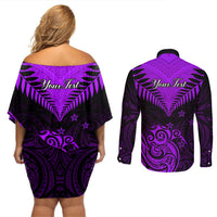 Personalised Aotearoa Couples Matching Off Shoulder Short Dress and Long Sleeve Button Shirts Maori Kiwi Purple Fern LT01 - Polynesian Pride