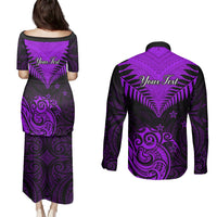 Personalised Aotearoa Couples Matching Puletasi Dress and Long Sleeve Button Shirts Maori Kiwi Purple Fern LT01 - Polynesian Pride