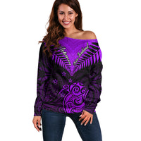 Personalised Aotearoa Off Shoulder Sweater Maori Kiwi Purple Fern LT01 Women Purple - Polynesian Pride