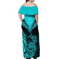 Personalised Aotearoa Off Shoulder Maxi Dress Maori Kiwi Turquoise Fern LT01 - Polynesian Pride