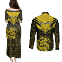 Personalised Aotearoa Couples Matching Puletasi Dress and Long Sleeve Button Shirts Maori Kiwi Yellow Fern LT01 - Polynesian Pride