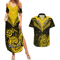 Personalised Aotearoa Couples Matching Summer Maxi Dress and Hawaiian Shirt Maori Kiwi Yellow Fern LT01 Yellow - Polynesian Pride
