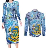 Tuvalu mo te Atua Couples Matching Long Sleeve Bodycon Dress and Long Sleeve Button Shirt Tuvalu Dolphin Polynesian Pattern LT01 Blue - Polynesian Pride