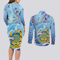 Tuvalu mo te Atua Couples Matching Long Sleeve Bodycon Dress and Long Sleeve Button Shirt Tuvalu Dolphin Polynesian Pattern LT01 - Polynesian Pride