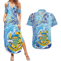 Tuvalu mo te Atua Couples Matching Summer Maxi Dress and Hawaiian Shirt Tuvalu Dolphin Polynesian Pattern LT01 Blue - Polynesian Pride