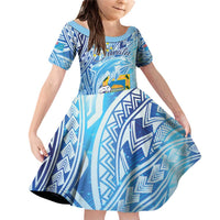 Tuvalu mo te Atua Family Matching Off Shoulder Short Dress and Hawaiian Shirt Tuvalu Dolphin Polynesian Pattern LT01 Daughter's Dress Blue - Polynesian Pride