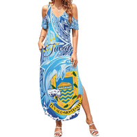Tuvalu mo te Atua Family Matching Summer Maxi Dress and Hawaiian Shirt Tuvalu Dolphin Polynesian Pattern LT01 Mom's Dress Blue - Polynesian Pride