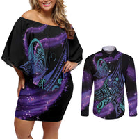 In September We Wear Teal And Purple Couples Matching Off Shoulder Short Dress and Long Sleeve Button Shirt Magic Ribbon Semicolon