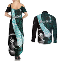 Chuuk Constitution Day Couples Matching Summer Maxi Dress and Long Sleeve Button Shirt Hibiscus Turquoise Pattern