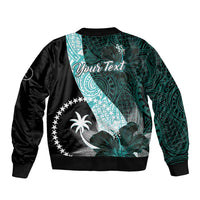 Chuuk Constitution Day Sleeve Zip Bomber Jacket Hibiscus Turquoise Pattern