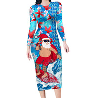 Hawaii Christmas Family Matching Long Sleeve Bodycon Dress and Hawaiian Shirt Santa Claus Surfing Kakau Tropical Style LT01 Mom's Dress Blue - Polynesian Pride