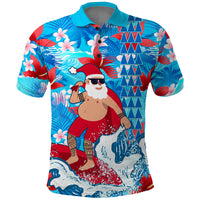 Hawaii Christmas Polo Shirt Santa Claus Surfing Kakau Tropical Style LT01 Blue - Polynesian Pride