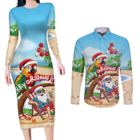Personalized Hawaii Santa Parrot Christmas Couples Matching Long Sleeve Bodycon Dress and Long Sleeve Button Shirt Summer Vibe - Polynesian Pride