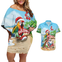 Personalized Hawaii Santa Parrot Christmas Couples Matching Off Shoulder Short Dress and Hawaiian Shirt Summer Vibe LT01 Blue - Polynesian Pride