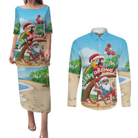 Personalized Hawaii Santa Parrot Christmas Couples Matching Puletasi and Long Sleeve Button Shirt Summer Vibe LT01 Blue - Polynesian Pride